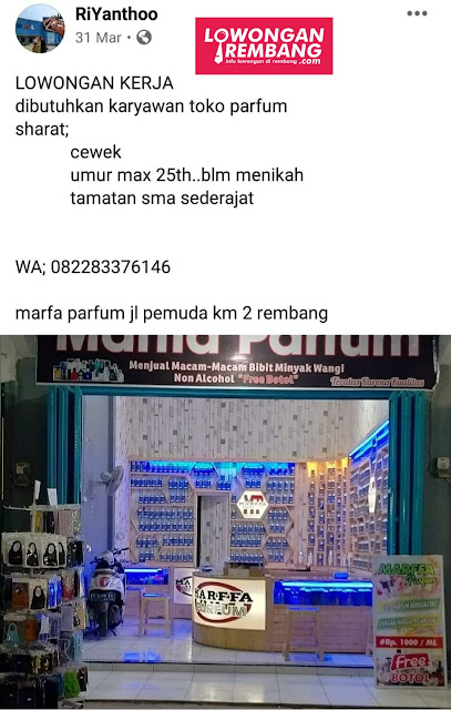 Lowongan Kerja Pegawai Toko Marfa Parfum Rembang