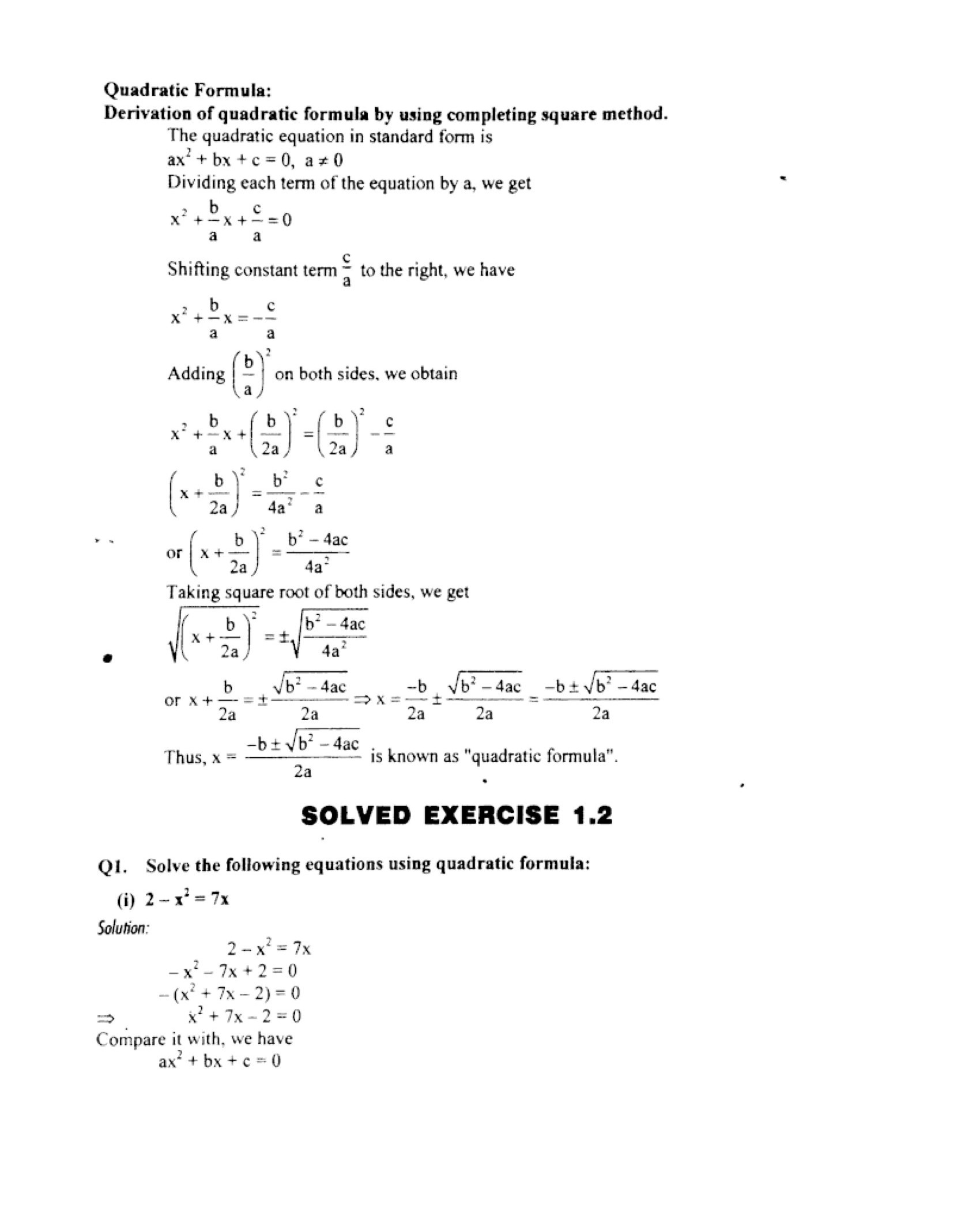Class 10 Math Notes Chapter 1 Notes Exercise 1.2 Quadratic Equations