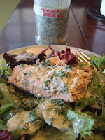 salmon marinated in yogurt; yogurt dressing on salad