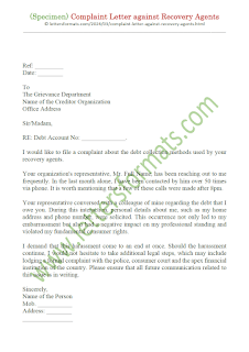 sample complaint letter against recovery agents