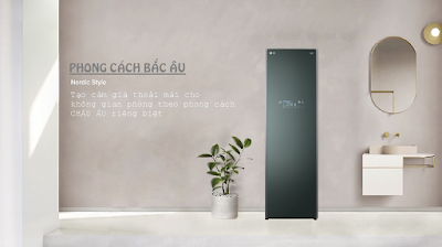 Màu xanh khói của LG Styler S5GFO như hài hòa trong một tổng thể thiên nhiên thoáng mát của gia đình