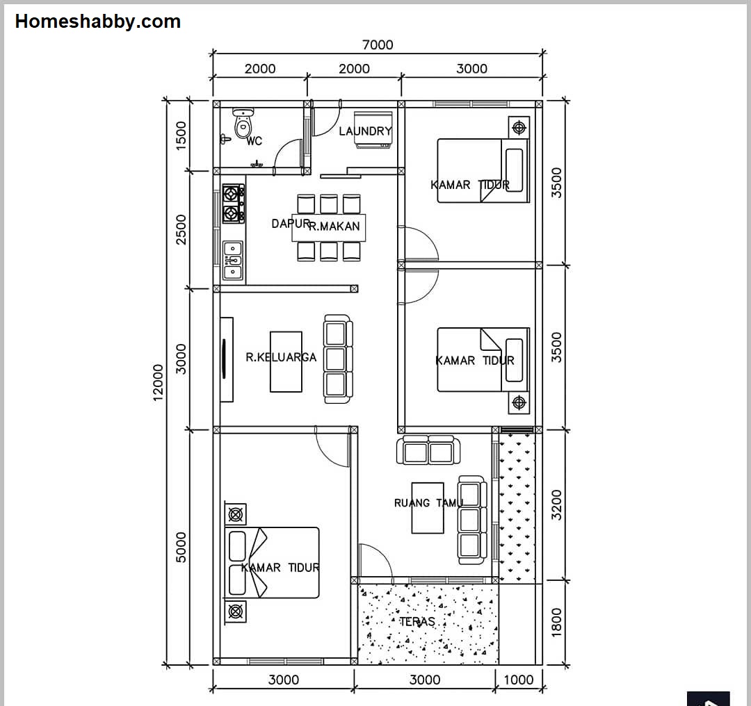 Desain Dan Denah Rumah Minimalis Ukuran 7 X 12 M Ada 3 Kamar Tidur Dengan Nuansa Abu Abu Putih Yang Elegant Homeshabbycom Design Home Plans