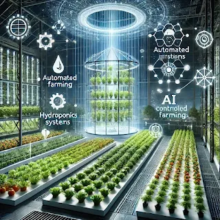 A high-tech climate-smart greenhouse with AI-driven sustainable farming.