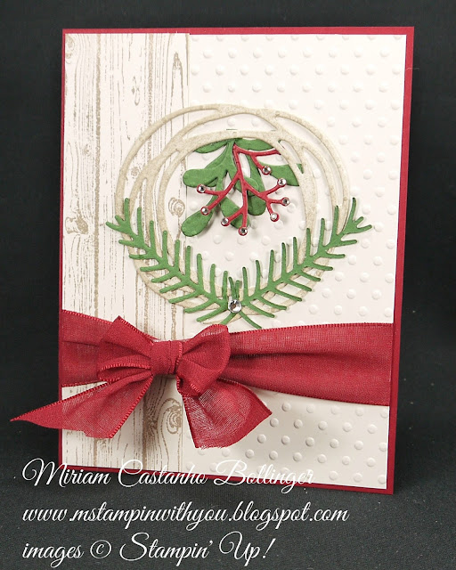 Miriam Castanho-Bollinger, #mstampinwithyou, stampin up, demonstrator, mm, christmas card, swirly scribbles thinlits, pretty pines framelits, perfect polka dot, big shot, hardwood background stamp, su