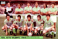 REAL BETIS BALOMPIÉ - Sevilla, España - Temporada 1980-81 - Esnaola, Bizcocho, Francis, Alex, Orega y Gordillo; Morán, López, Diarte, Cardeñosa y Parra - ATLÉTICO DE MADRID 0 REAL BETIS BALOMPIÉ 4 (Morán, 2, Lobo Diarte 2) - 08/02/1981 - Liga de 1ª División, jornada 23 - Madrid, estadio Vicente Calderón - El Betis fue 6º en la Liga, con Luis Cid, Carriega, de entrenador
