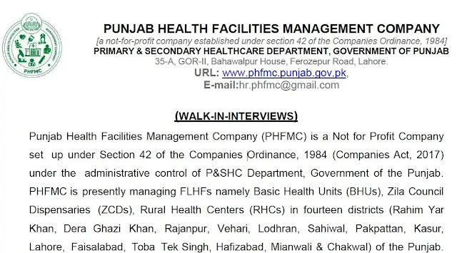 Jobs Opportunities in Punjab Health Facilities Management Company (PHFMC)