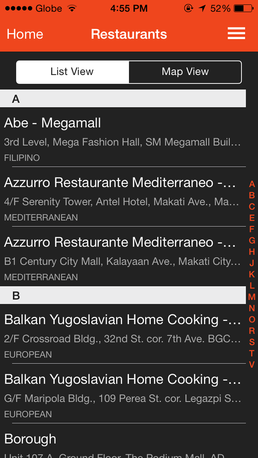 Eat Out Manila App interface for iOS