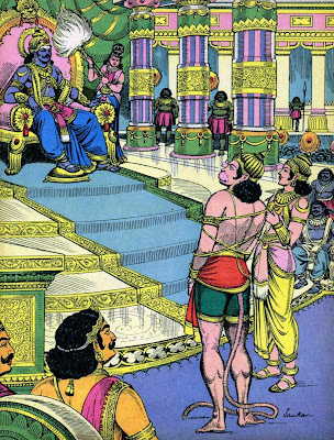 Hanuman dragged in by Indrajit before Ravana
