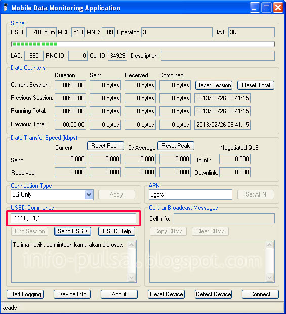 Cek Kuota Internet Tri di Modem dengan dial via MDMA