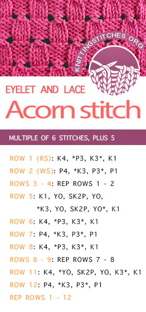 #KnittingStitches -- Free instructions for the Acorn Eyelet stitch. Clear writtern intructions - Easy to follow! #KnittingInstructions