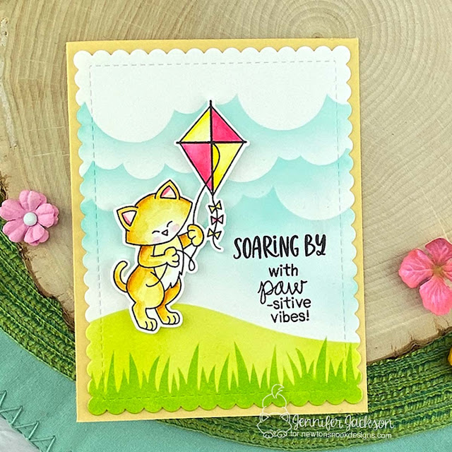 Soaring By Kitty and Kite Card by Jennifer Jackson | Newton's Kite Stamp Set, Clouds Stencil, Hills & Grass Stencil and Frames & Flags Die Set by Newton's Nook Designs #newtonsnook #handmade