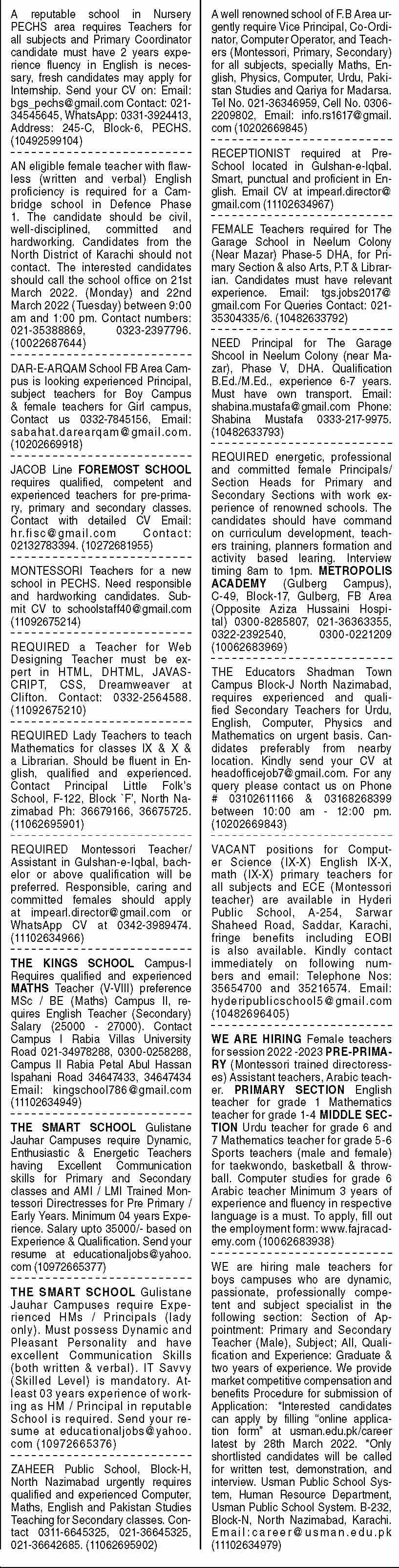 sunday jang newspaper 20 march 2022 latest jobs in karachi