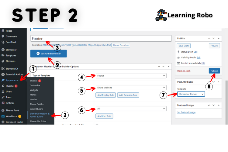 Import Elementor Footer Json File step 2