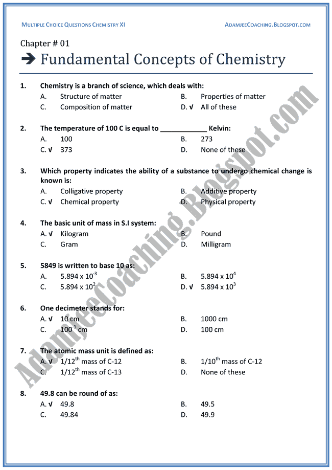 XI Chemistry MCQs - Fundamental Concepts of Chemistry