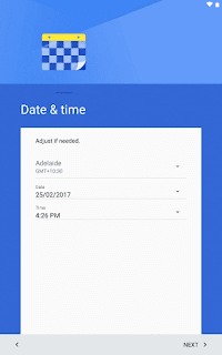 Android initial setup, Date & time, adjust if needed.