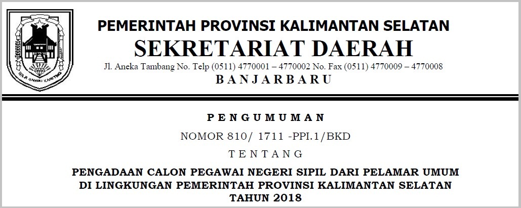 Formasi CPNS di Lingkungan Pemerintah Provinsi Kalimantan Selatan Tahun 2018