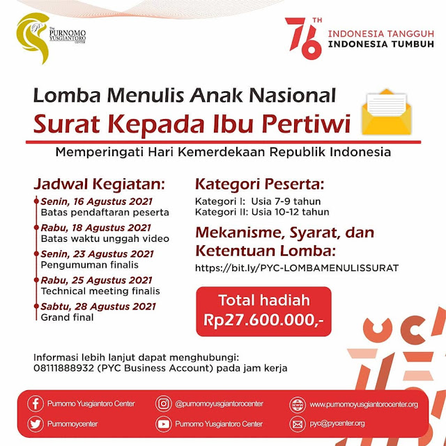 Lomba Menulis Surat Kepada Ibu Pertiwi Berhadiah Total 27 Juta Rupiah