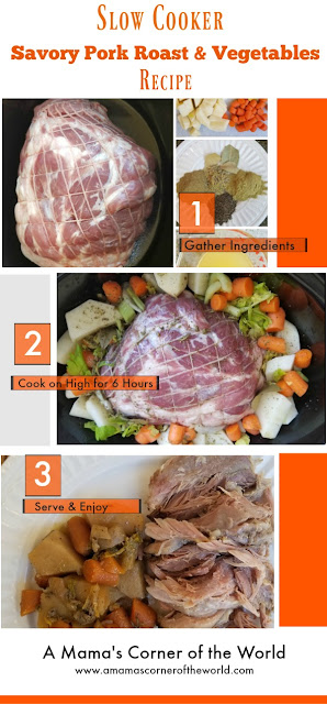 Pinnable Image for a slow cooker savory pork roast & vegetable recipe