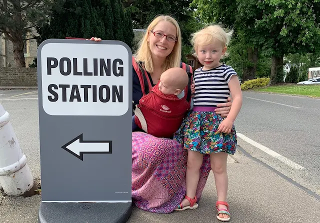 Me and my youngest two children next to a polling station sign after voting in the european elections