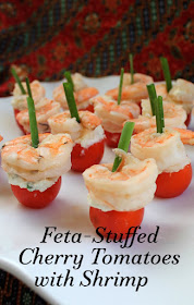 Food Lust People Love: Feta-Stuffed Cherry Tomatoes with Shrimp are exactly what they sound like: Cherry tomatoes filled with seasoned feta and topped with shrimp make one of the prettiest, easiest appetizers you can serve.