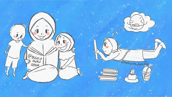 ilustrasi ibu membaca nyaring bersama anak