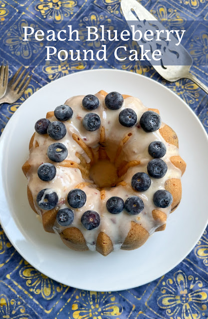 Food Lust People Love: This peach blueberry pound cake batter is made with pureed peach, and blueberries folded through, before baking to a rich, buttery finish. Top it with peach puree glaze and more blueberries for a wonderful seasonal dessert everyone will love.