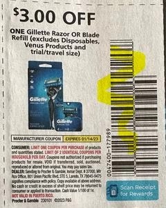 $3.00/1 Gillette Razor or Blade Refill Coupon from "P&G" insert week of 1/1/23.