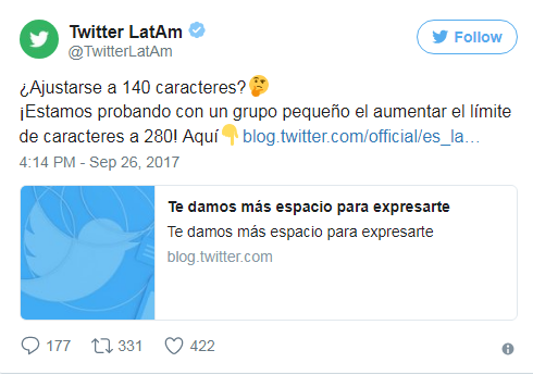 Twitter hace prueba y aumenta hasta los 280 caracteres por cada 'tuit'