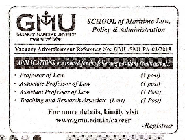 Gujarat Maritime University (GMU) Recruitment for Various Posts 2019