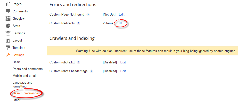 search preferences, custom redirects, 301, 302 redirect