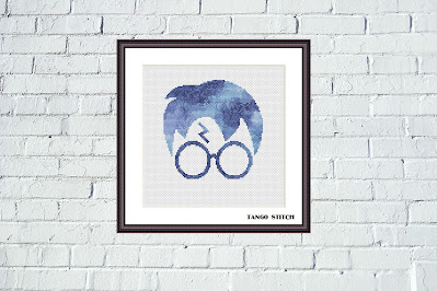 Blue glasses silhouette watercolor cross stitch pattern - Tango Stitch