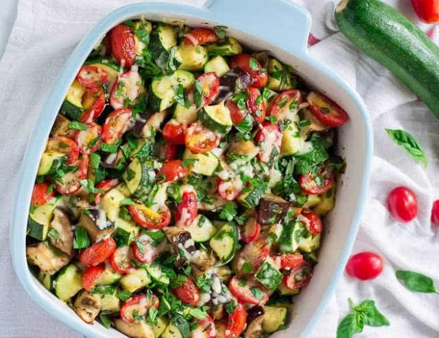 Tomato Eggplant Zucchini Bake with Garlic and Parmesan 