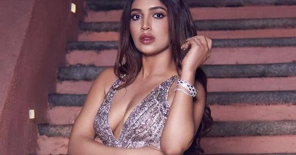 bhumi pednekar cleavage high slit dress