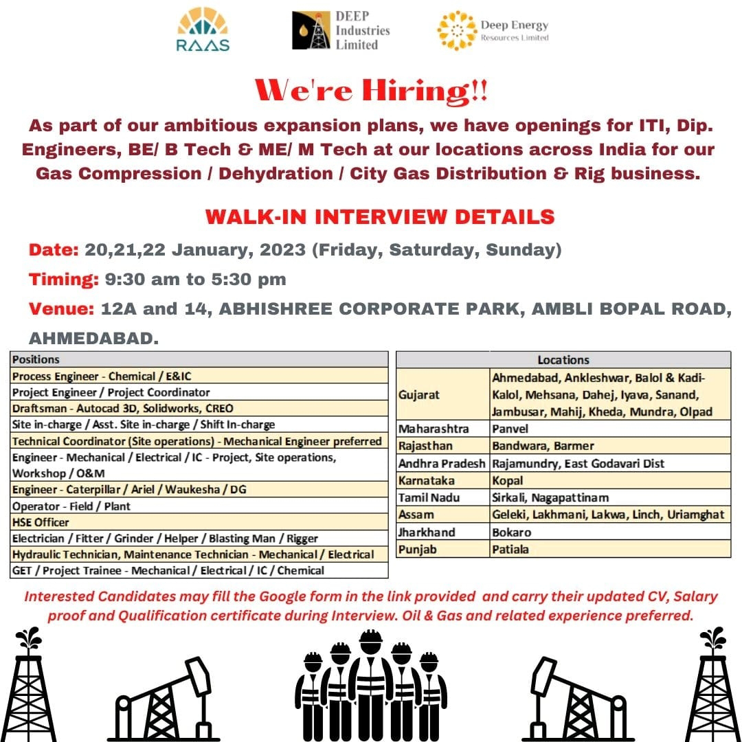 Job Availables, Deep Industries Ltd Walk In Interview For Process/ Project/ Technical/ HSE/ Engineering Dept - Multiple Position