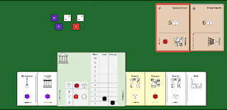 A virtual tabletop with a green background, on which are a load of cards, many of which overlap each other. On the cards are assorted icons, many of which represent buildings. There are also dice, in purple, white, and red.