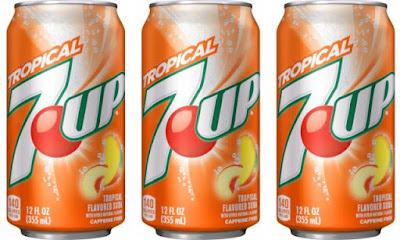 Cans of 7Up Tropical soda.