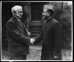 George Lansbury (1859-1940) the Labour politician greets the Indian nationalist leader and President of the All-India Congress Subhas Chandra.