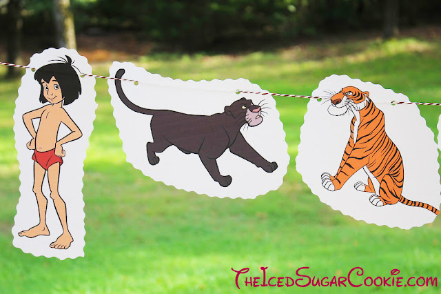 DIY Jungle Book Birthday Party Flag Hanging Banner Ideas- Mowgli, Baloo, Shere Khan, Bagheera, Kaa, King Louie Monkey Servant The Iced Sugar Cookie