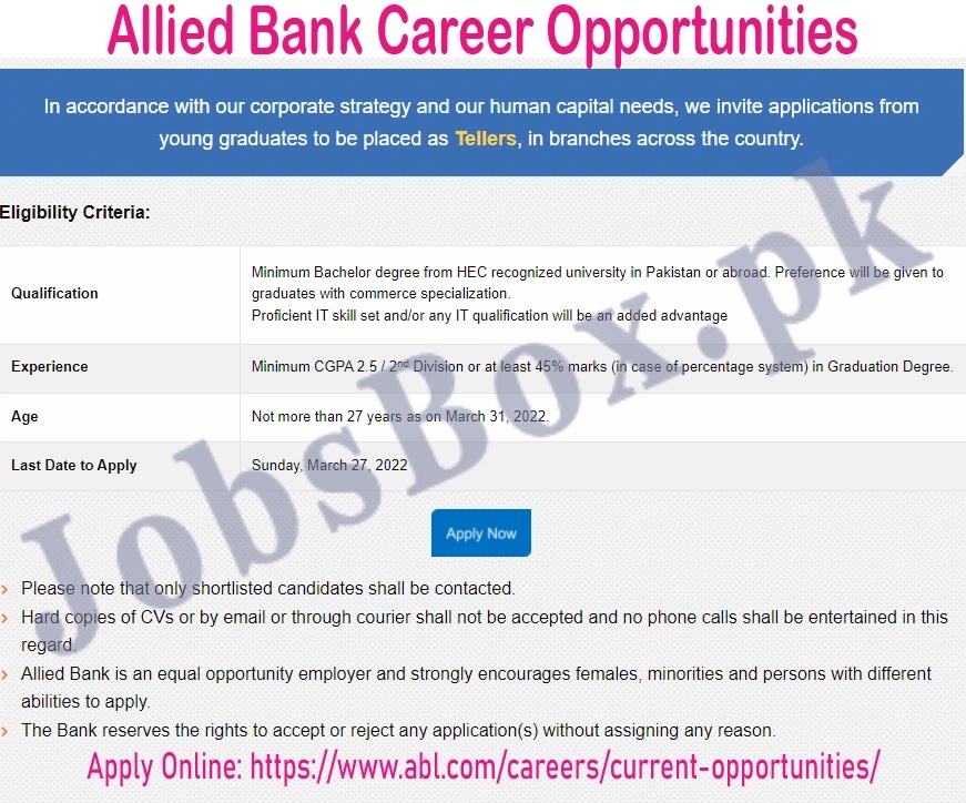 Allied Bank Limited ABL jobs 2022 – MTO Jobs 2022