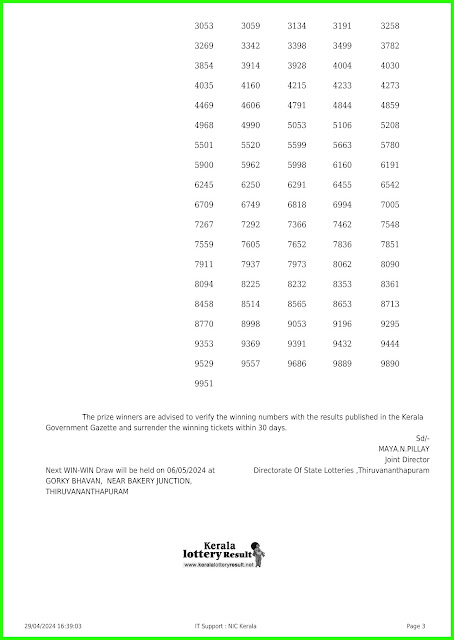 Off:> Kerala Lottery Result; 29.04.2024 Win Win Lottery Results Today "W-767'