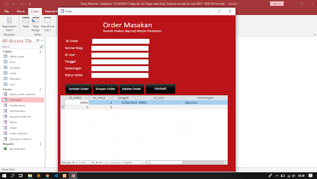 Halaman Order kasir Restoran acces 2016,2016,2019
