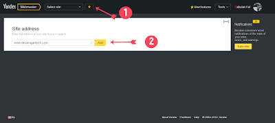 Step-2  Upar pe ek + ka option Milega jaha click kar aap apne blog ya website ko Yandex webmaster pe add kar sakte ho