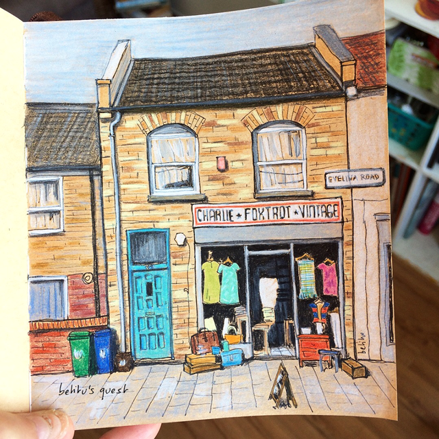 Charlie Foxtrot Vintage shop in London by betitu on ink and color pencil - @betitusquest