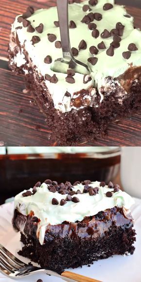 This Grasshopper Poke Cake is super easy and over the top delicious. Just a few ingredients and boxed cake mix and you’ll be enjoying this for dessert today! #chocolate #mintchocolate #pokecake #cake #dessert #fudgy