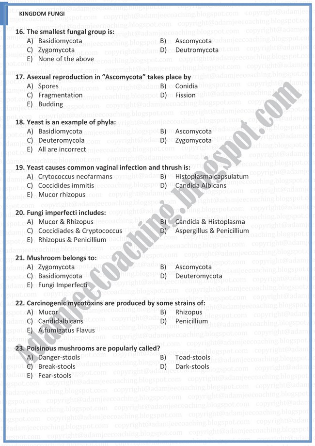 Biology Mcqs XI - Kingdom Fungi