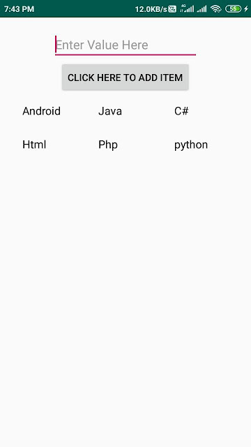 Add items to grid view dynamically in android using EditText example