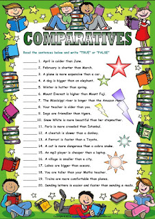 Lembar kerja latihan grammar sederhana yang dapat dicetak untuk dipelajari anak-anak dan merevisi bentuk kata sifat komparatif. Pilih Benar atau Salah? Bacalah kalimat di bawah ini dan tuliskan benar atau salah. Efektif untuk mengajar, mempelajari dan memahami bentuk kata sifat komparatif.