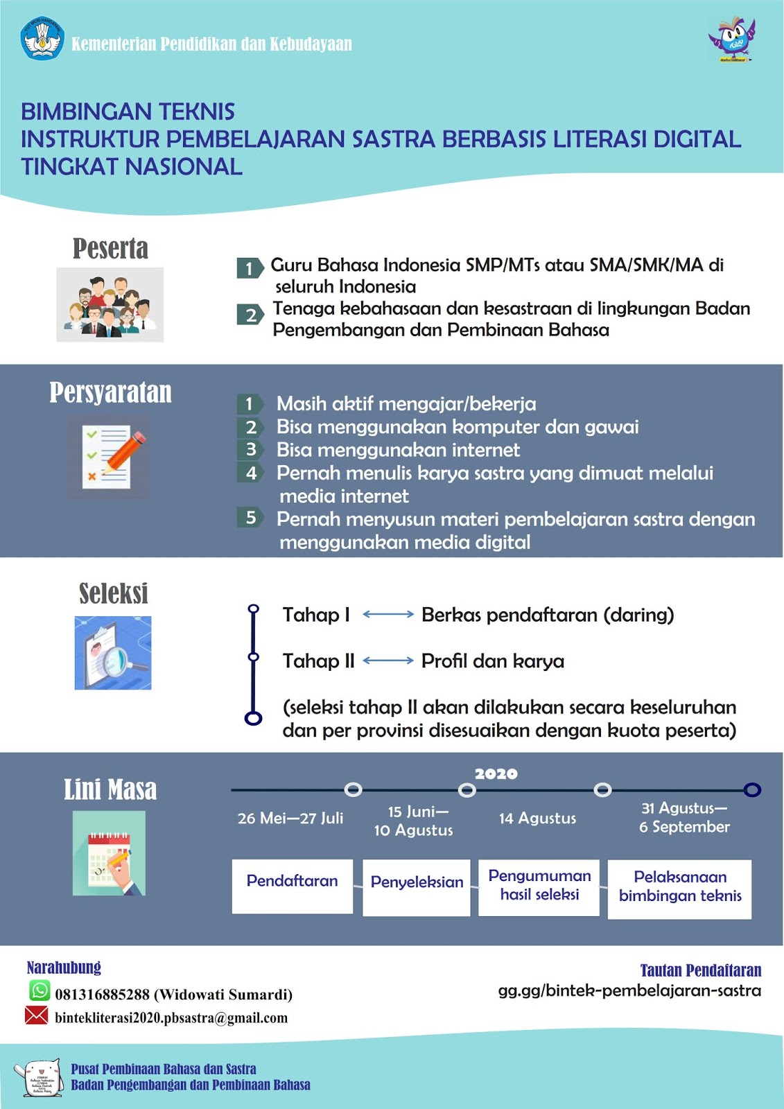   Jadwal Pendaftaran Bimbingan Teknis (Bimtek) Instruktur Pembelajaran Sastra Berbasis Literasi Digital Tahun 2020 