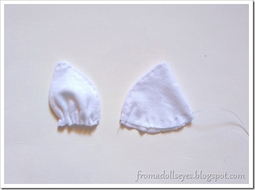 Making bras for bjds.  Sew and gather the bottom of the triangle to fit your doll.