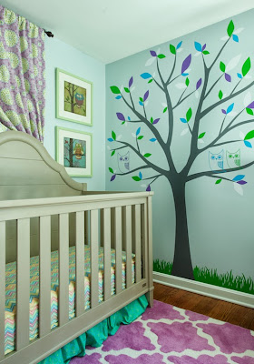 tree wall print makes a fun twist to the rest of the colorful room colors